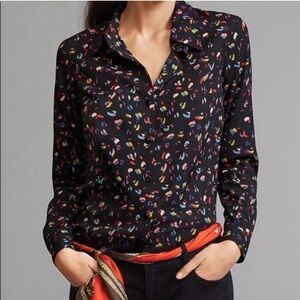 CAbi Confetti Party Ferris Long Sleeve Button Up Blouse Black Multicolor Size S